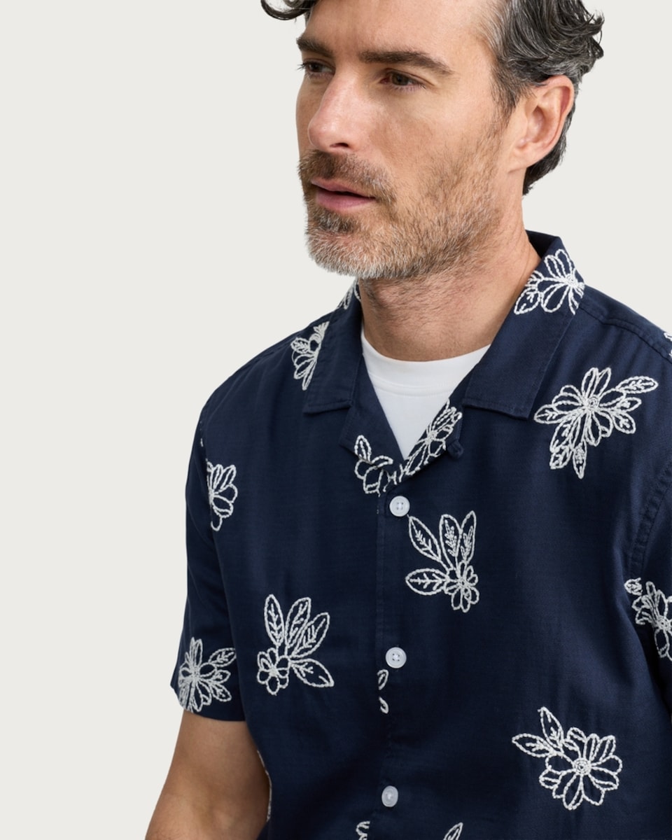 image 1 of The F&F Edit Cotton Rich Floral Embroidered Short Sleeved Shirt in Navy