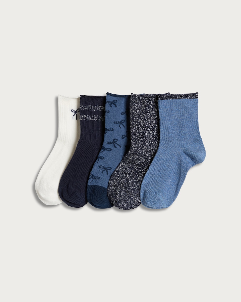 F&F Girls 5-Pack Cotton Rich Bow Pattern Ankle Socks in Navy Multi