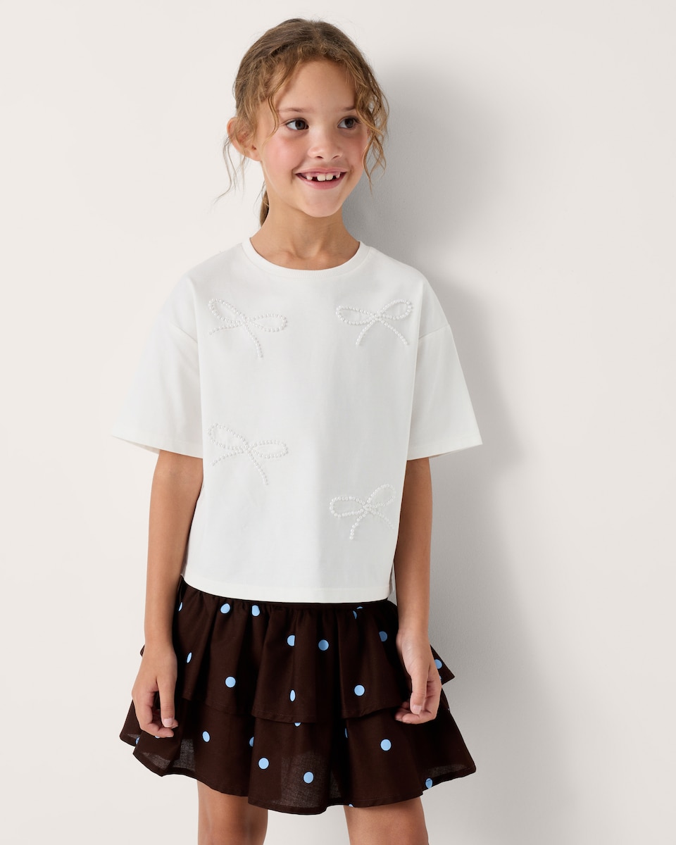 image 1 of F&F Girls Pure Cotton Polka Dot Tiered Skirt in Brown