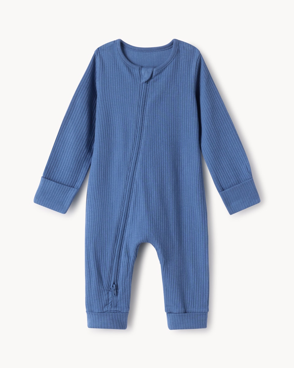 image 1 of F&F Baby 3-Pack Baby Ribbed Long Sleeved Sleepsuits in Blue