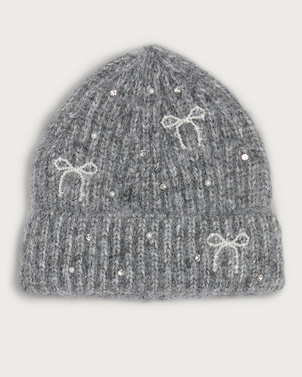 image 1 of F&F Knitted Faux Pearl Diamanté Embellished Beanie Hat with Wool in Grey