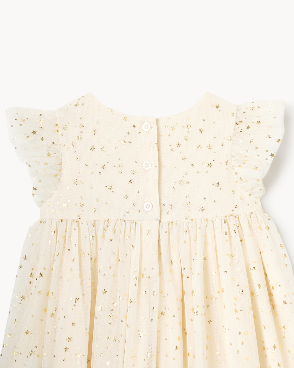image 1 of F&F Baby Star Print Short Sleeved Party Dress in Cream