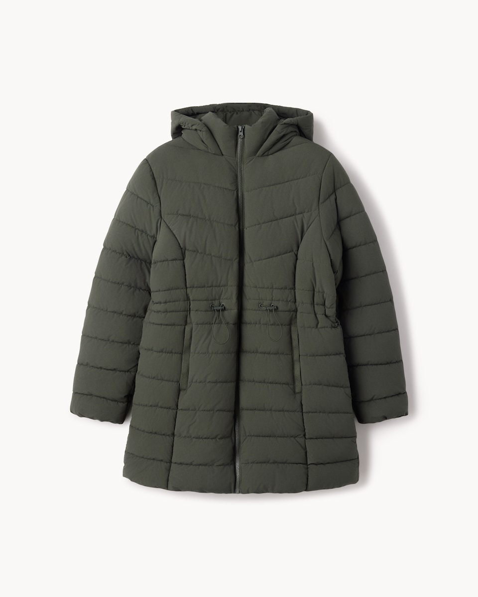 image 1 of F&F Shower Resistant Padded Hooded Longline Coat in Khaki