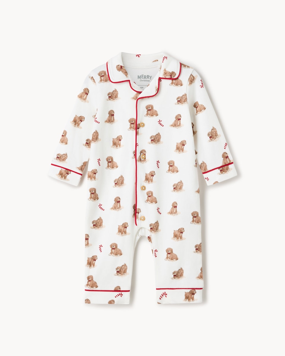 image 1 of Christmas Baby Pure Cotton Festive Pup Sleepsuit in White