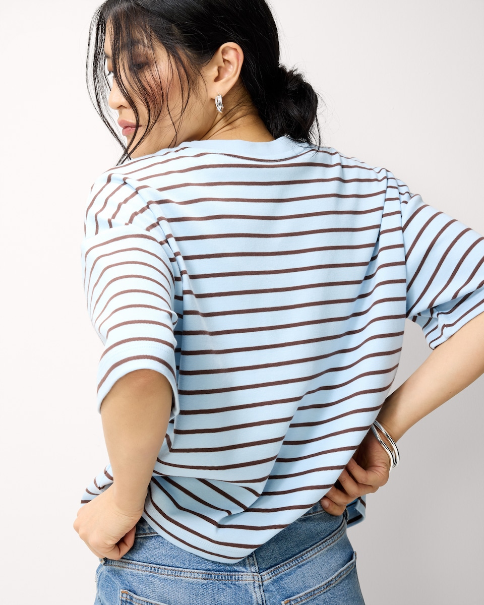 image 1 of F&F Pure Cotton Striped Boxy T-Shirt in Multi Blue