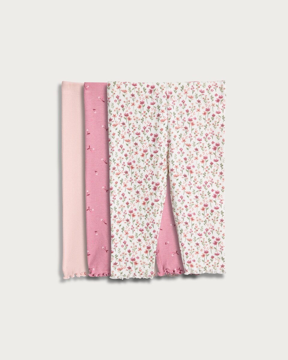 image 1 of F&F Baby 3-Pack Cotton Rich Floral Ribbed Leggings in Pink