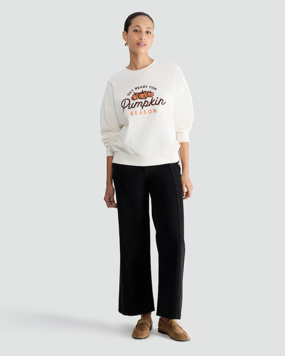 image 1 of F&F Pure Cotton Pumpkin Season Slogan Sweatshirt in Cream