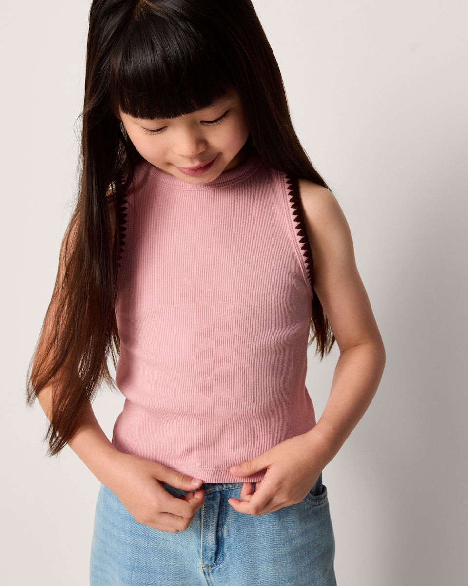 image 1 of F&F Girls Cotton Rich Ribbed Contrast Vest in Pink