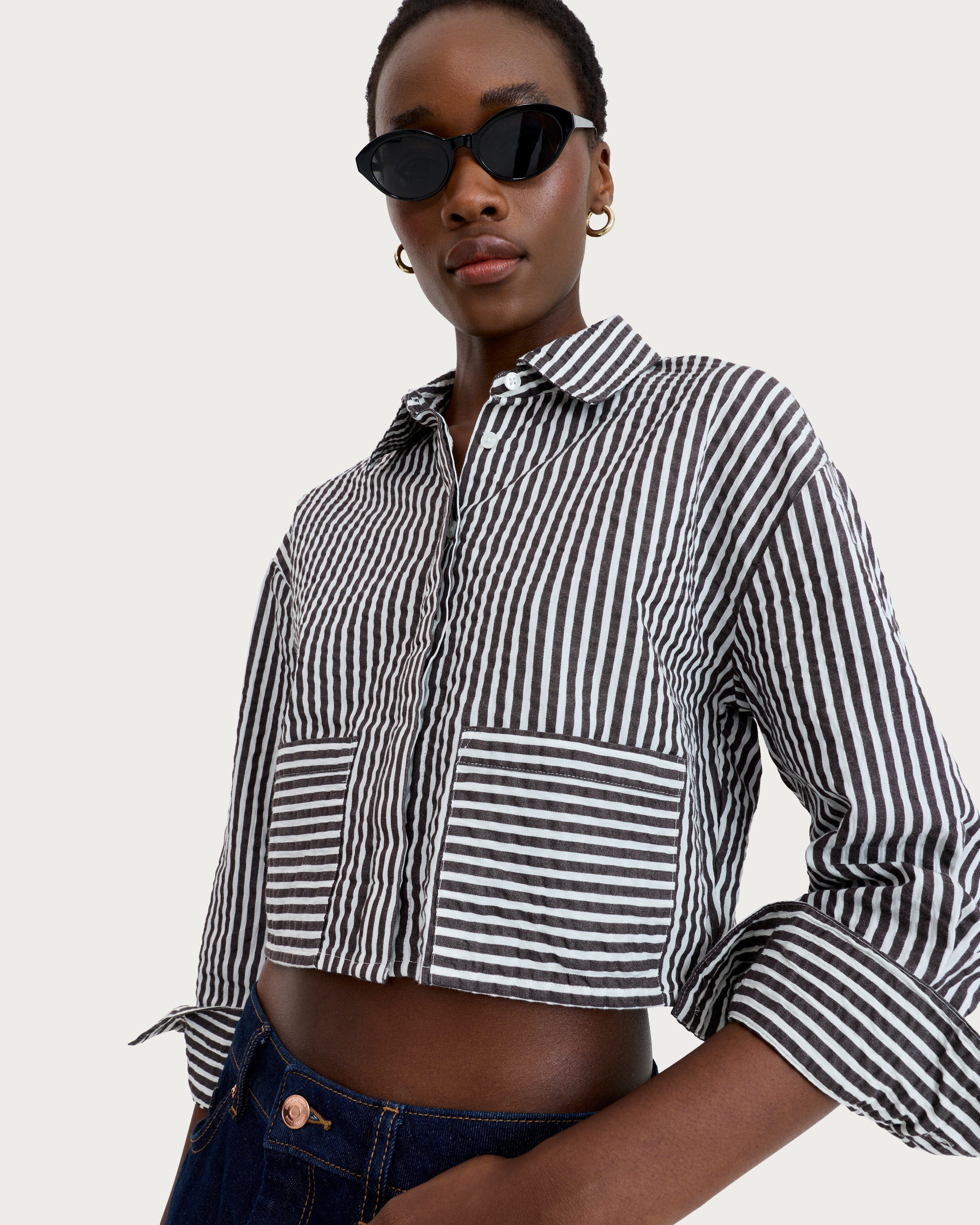 F&F Pure Cotton Seersucker Striped Cropped Shirt in Brown - Tesco