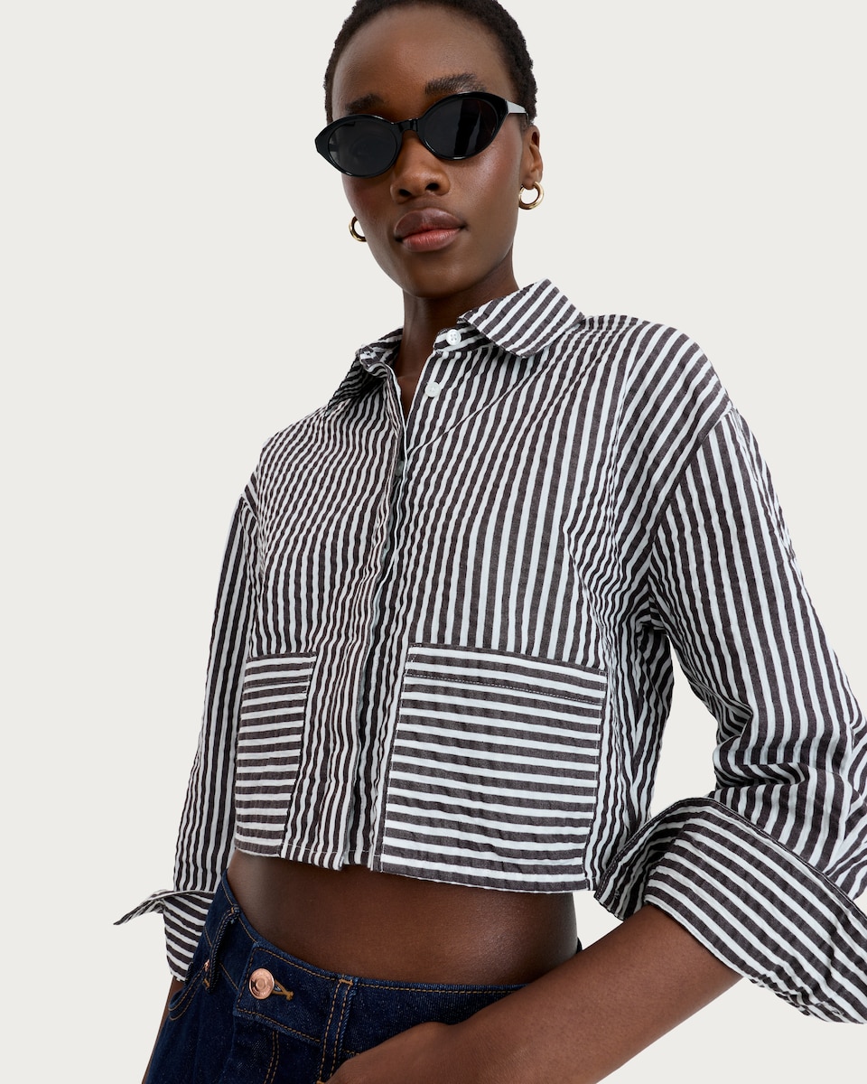 image 1 of F&F Pure Cotton Seersucker Striped Cropped Shirt in Navy