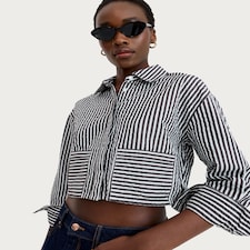 F&F Pure Cotton Seersucker Striped Cropped Shirt in Navy
