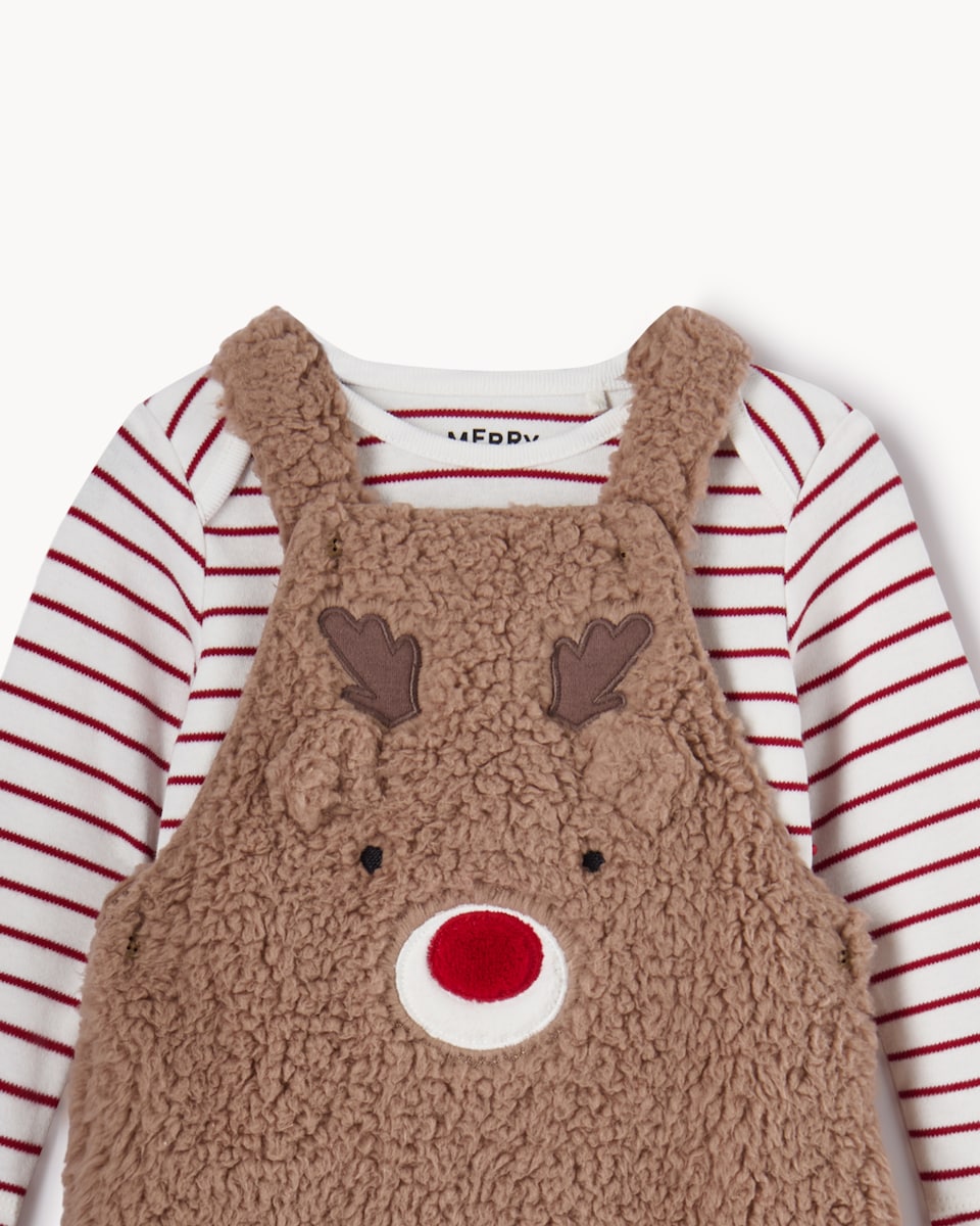 image 1 of Christmas Baby Borg Reindeer Dungarees and Striped Bodysuit Set in Brown