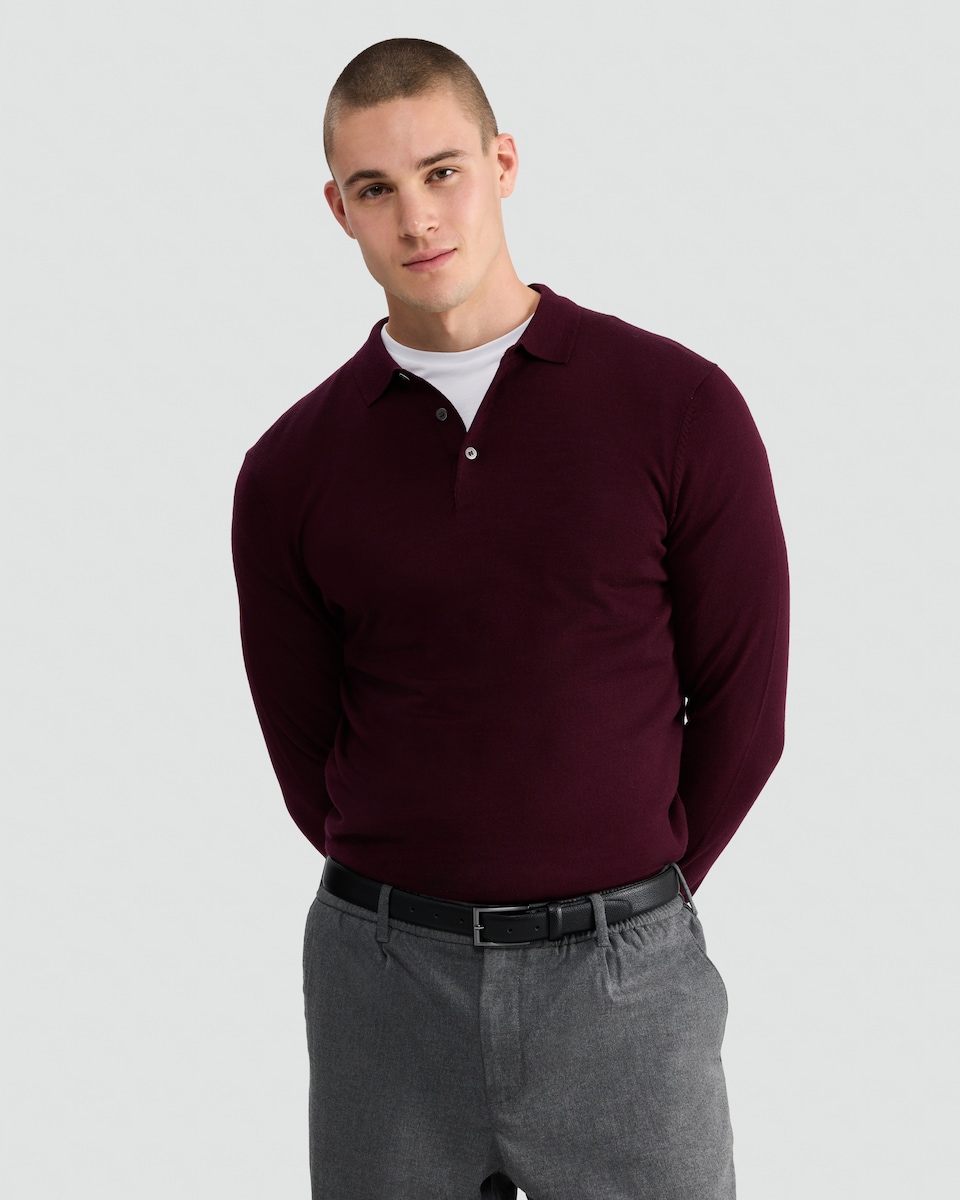 image 1 of F&F Pure Merino Wool Long Sleeved Polo Shirt in Burgundy