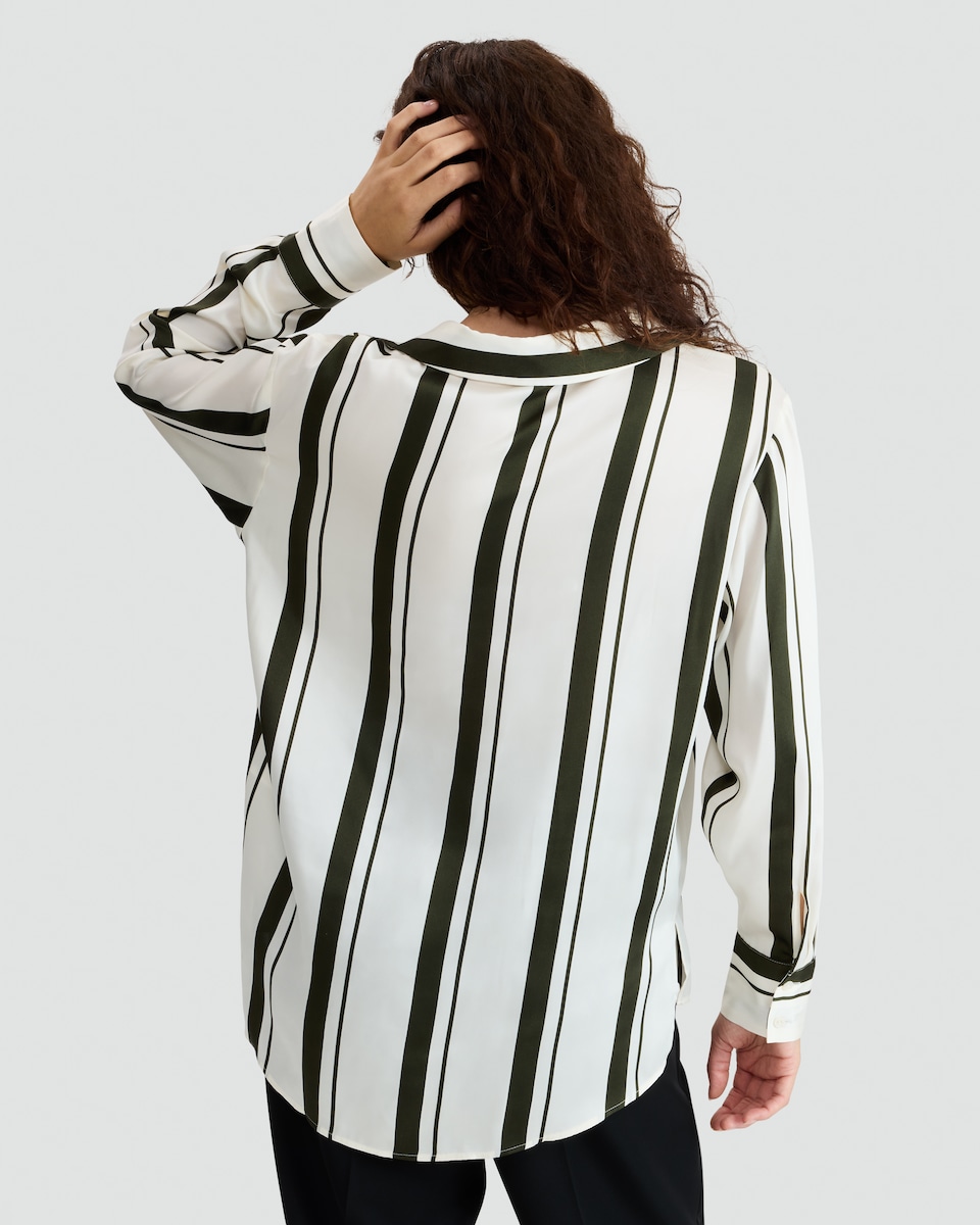image 1 of F&F Satin Stripe Print Button Up Shirt in Khaki