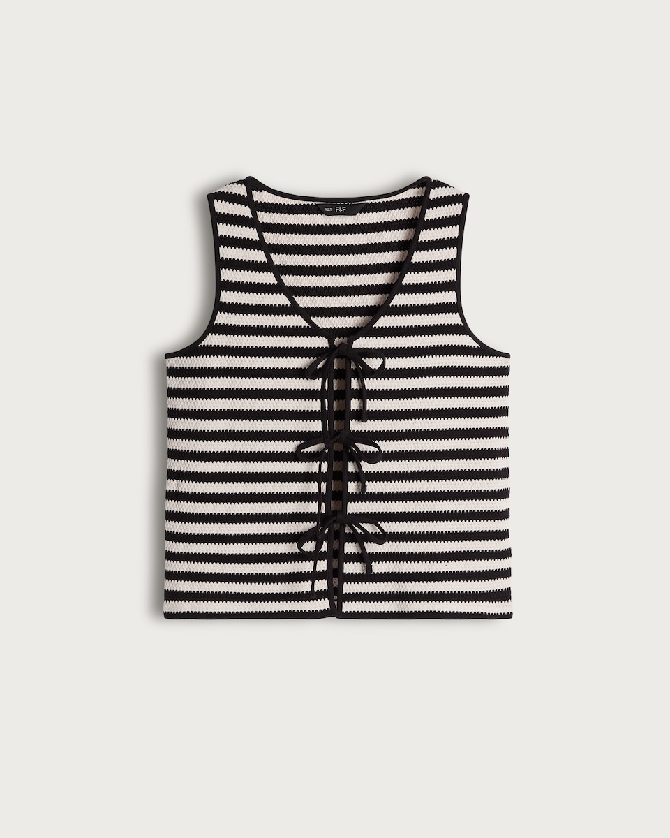 F&F Cotton Rich Textured Stripe Print Tie Front Co-ord Top in Multi Black White