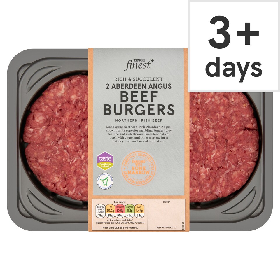 Tesco Finest 2 Aberdeen Angus Beef Burgers with Bone Marrow 454g