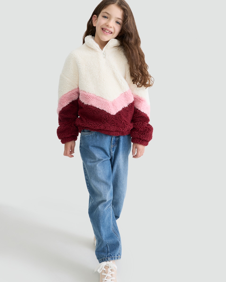 image 1 of F&F Girls Borg Chevron Half Zip Jumper in Burgundy