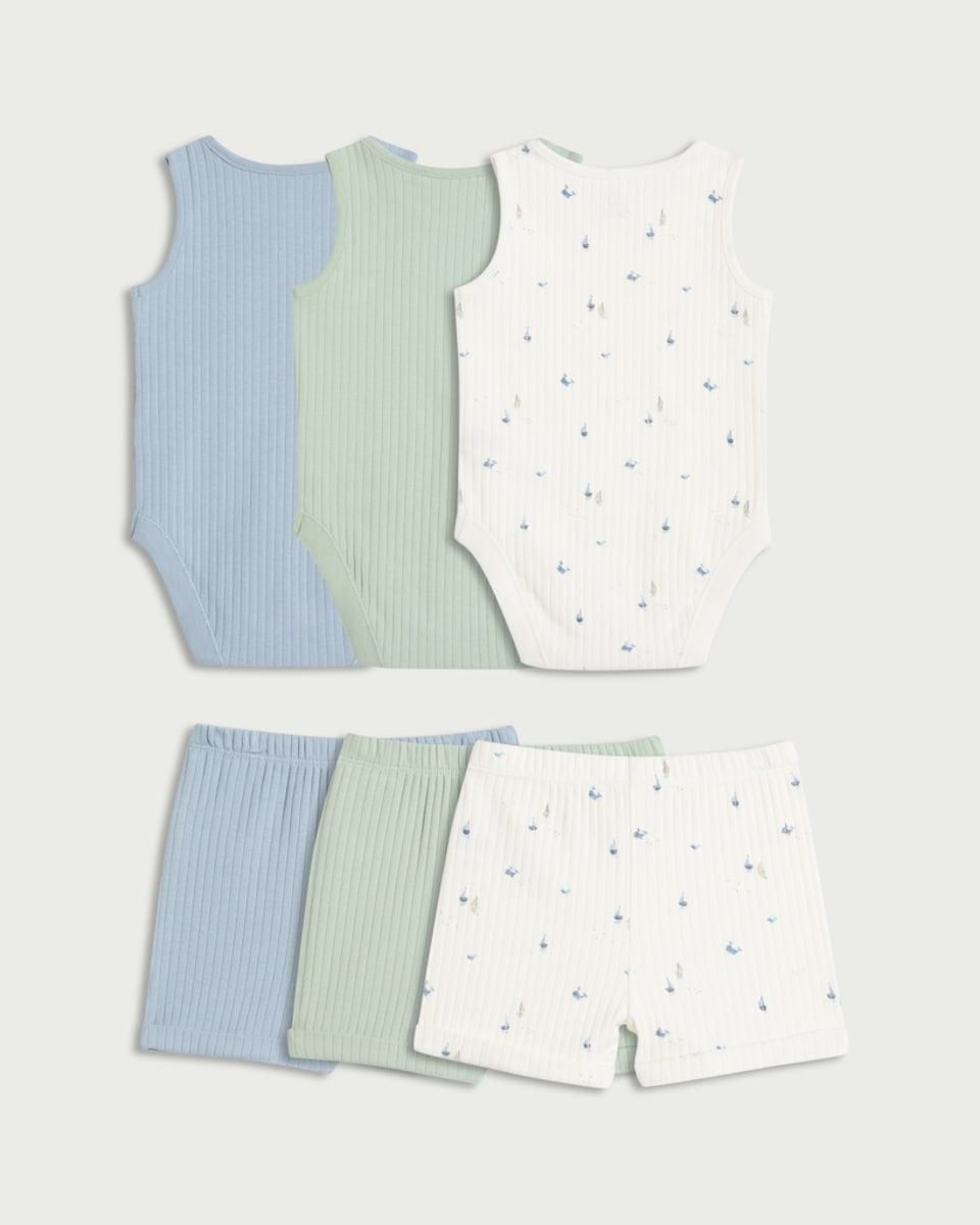 image 1 of F&F Baby 3-Pack Cotton Rich Ribbed Bodysuits and Shorts Sets in Multi
