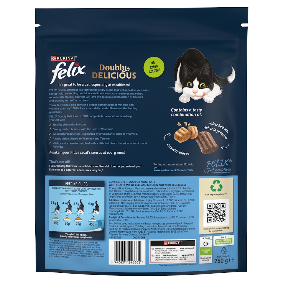 image 1 of Felix Dry Doubly Delicious Beef, Chicken & Vegetables Cat Food 750g
