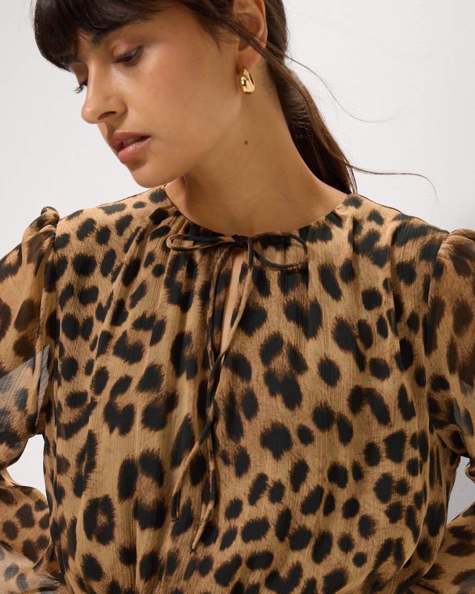 image 1 of F&F Leopard Print Tie Neck Mini Dress in Multi Brown