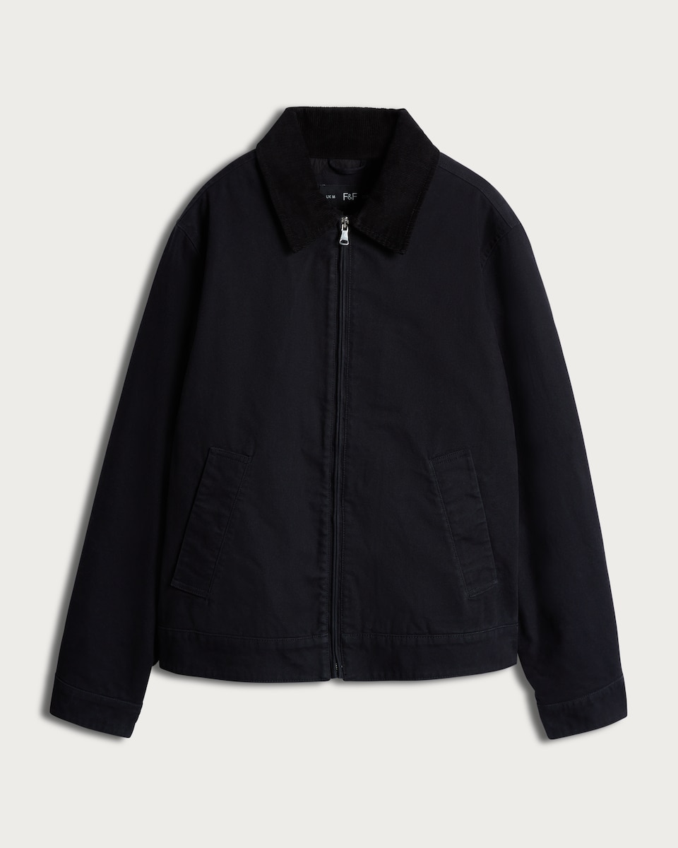 F&F Pure Cotton Corduroy Collar Zip Front Jacket in Black