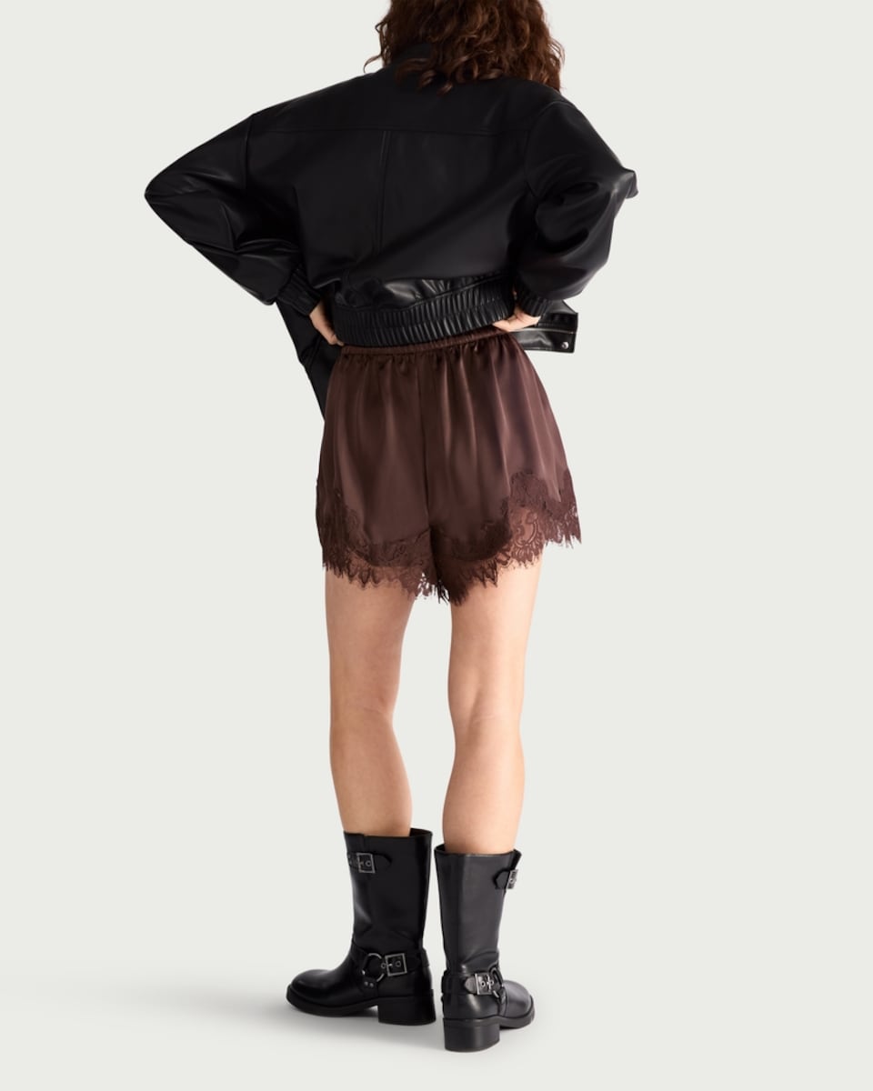 image 1 of F&F Satin Lace Trim Drawstring Shorts in Chocolate