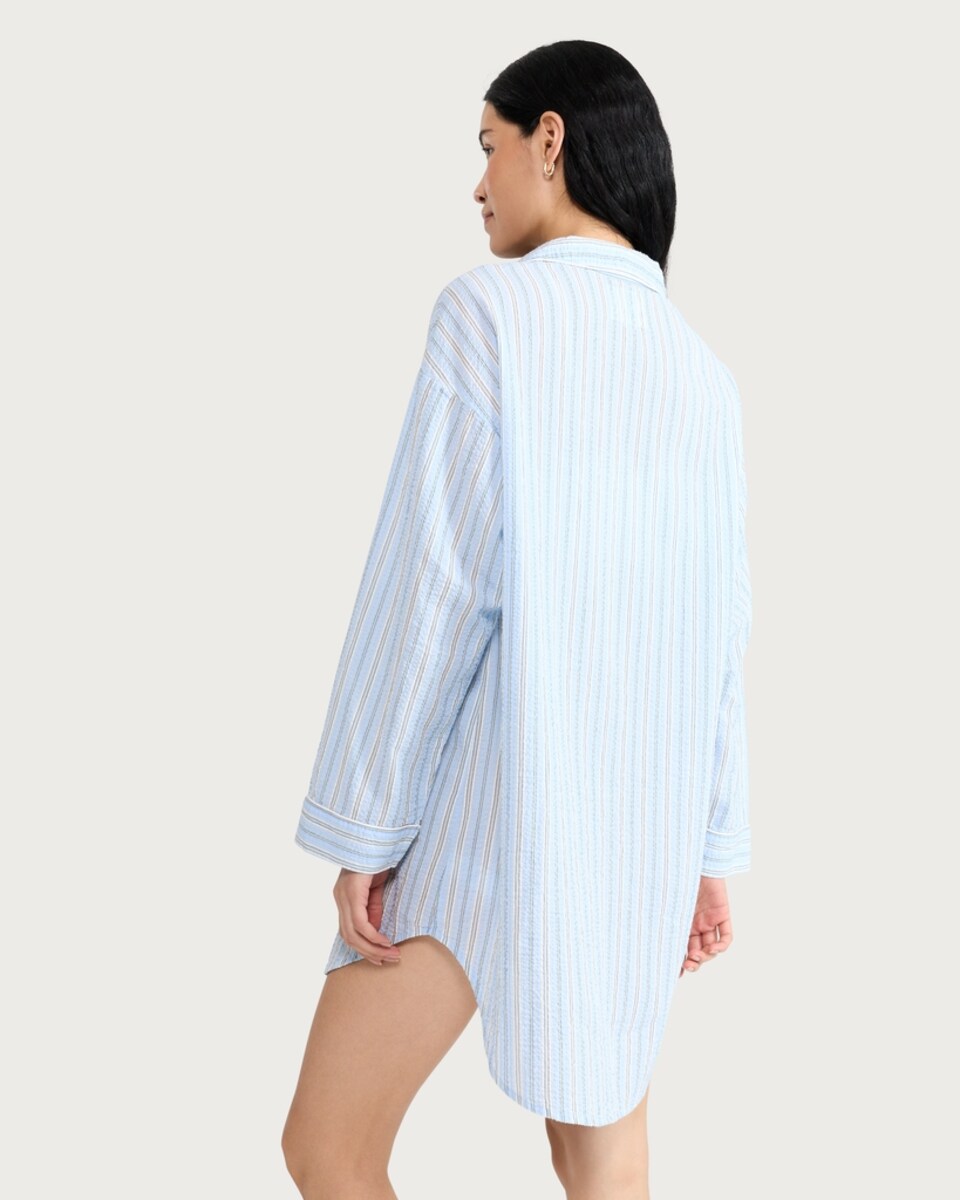 image 1 of F&F Pure Cotton Textured Striped Pyjama Shirt in Multi Blue