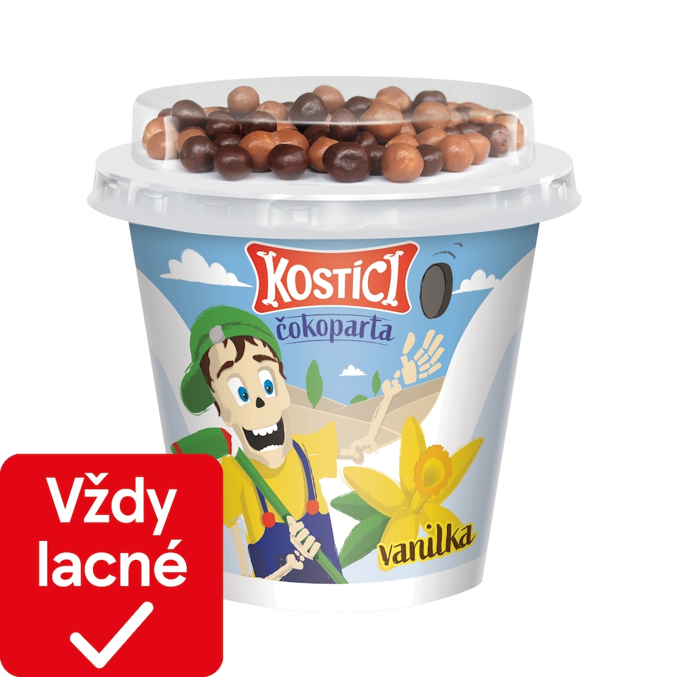 KOSTÍCI Čokoparta (vanilkový jogurt a extrudované  gulôčky v čokoláde) 107g