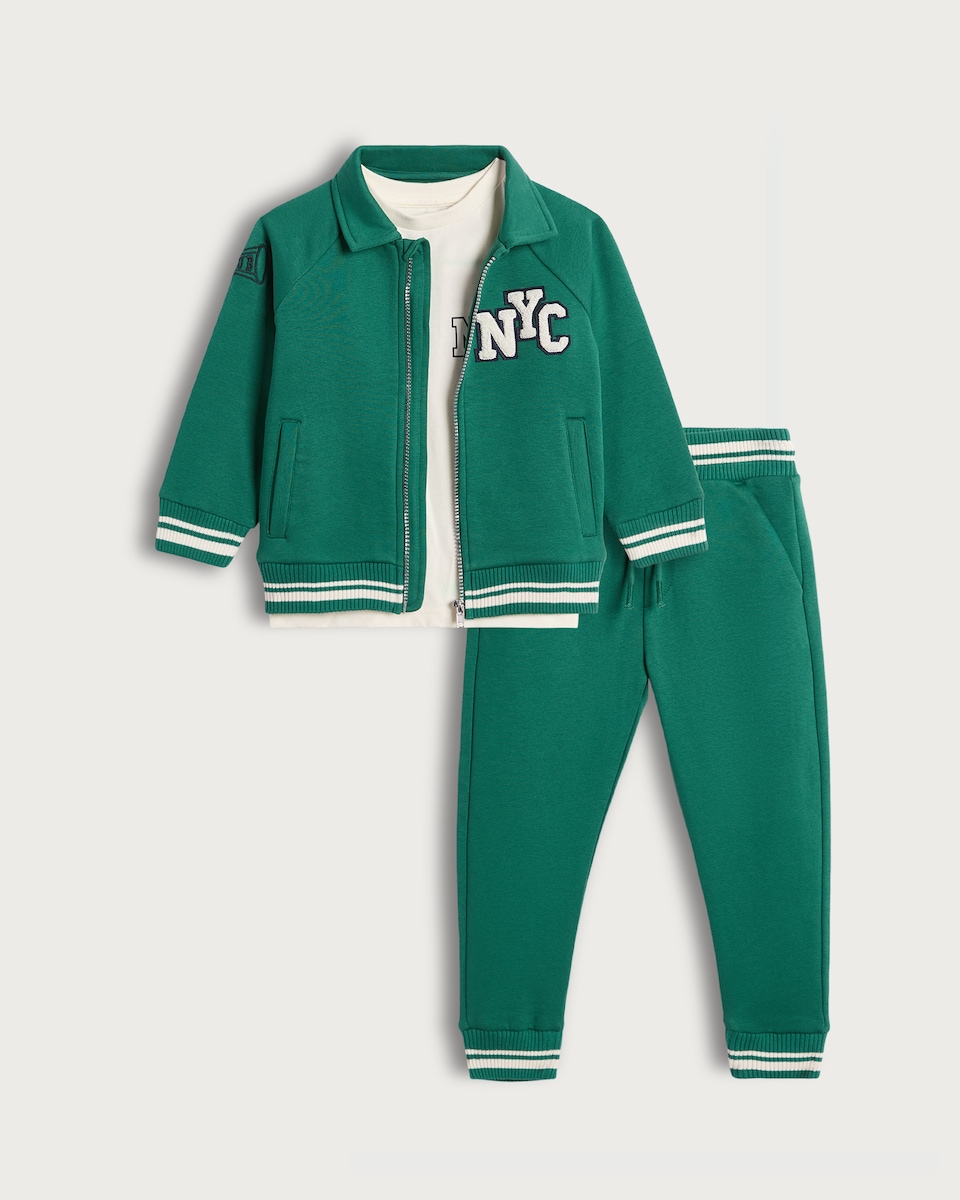 image 1 of F&F Boys 3-Piece Cotton Rich NYC Slogan Jacket, T-Shirt and Joggers Set in Green