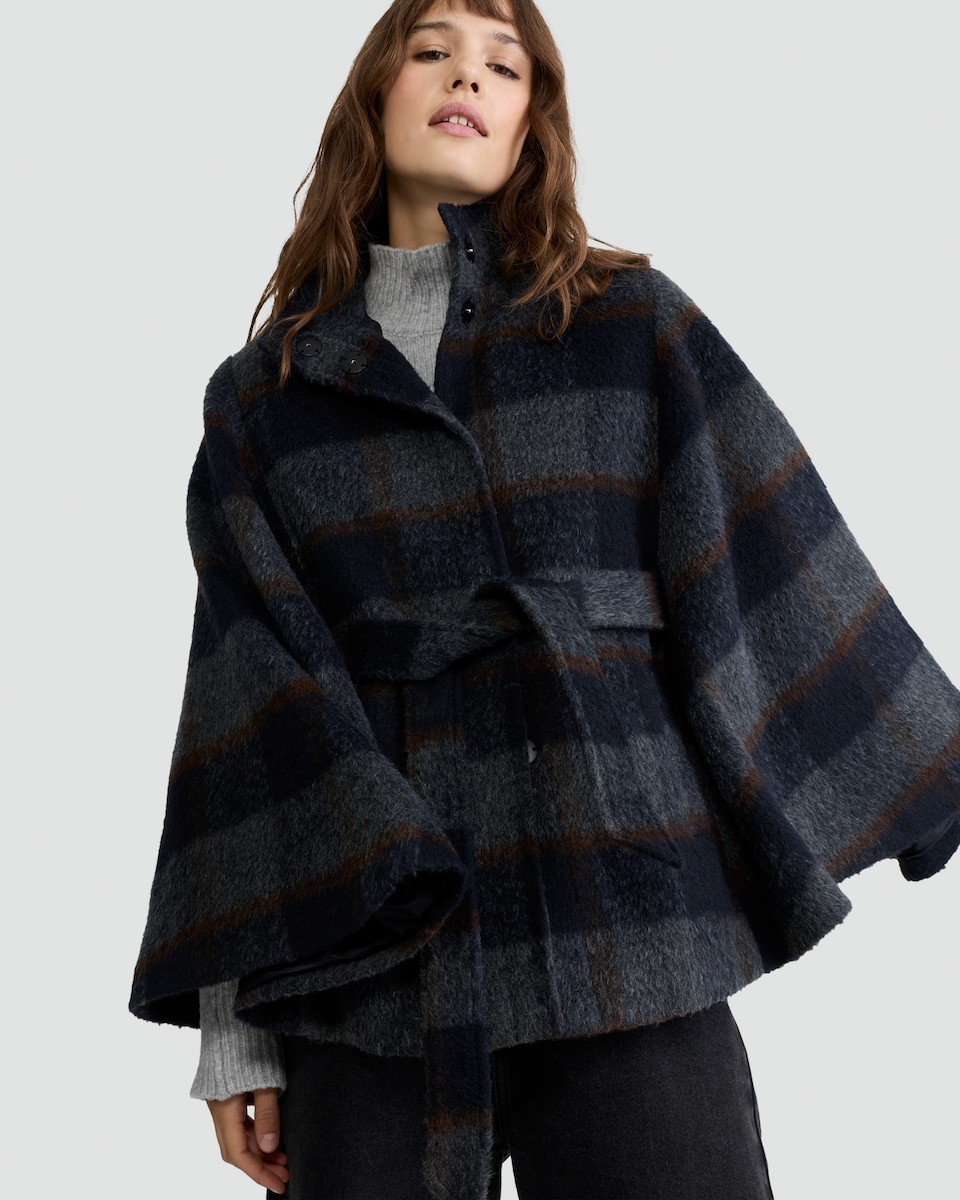 image 1 of The F&F Edit Check Print Belted Cape with Wool in Multi Blue