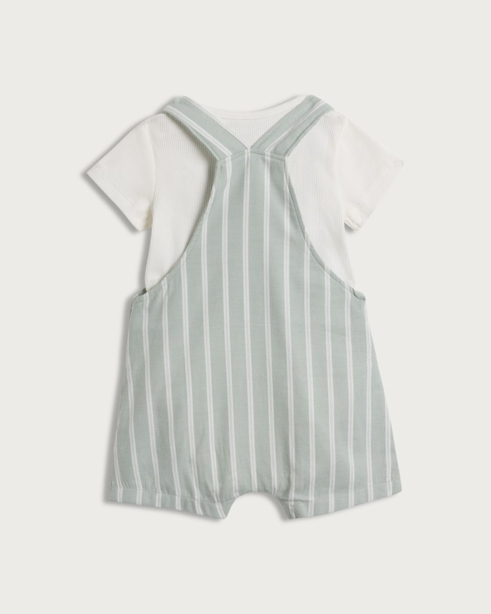 image 1 of F&F Baby 2-Piece Striped Dungarees and Bodysuit Set in Grey
