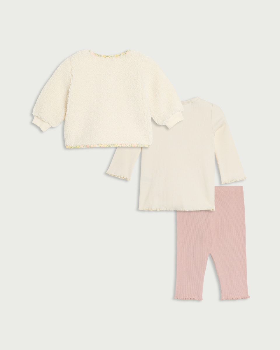 image 1 of F&F Baby 3-Piece Cotton Rich Jacket, Top and Leggings Set in Cream