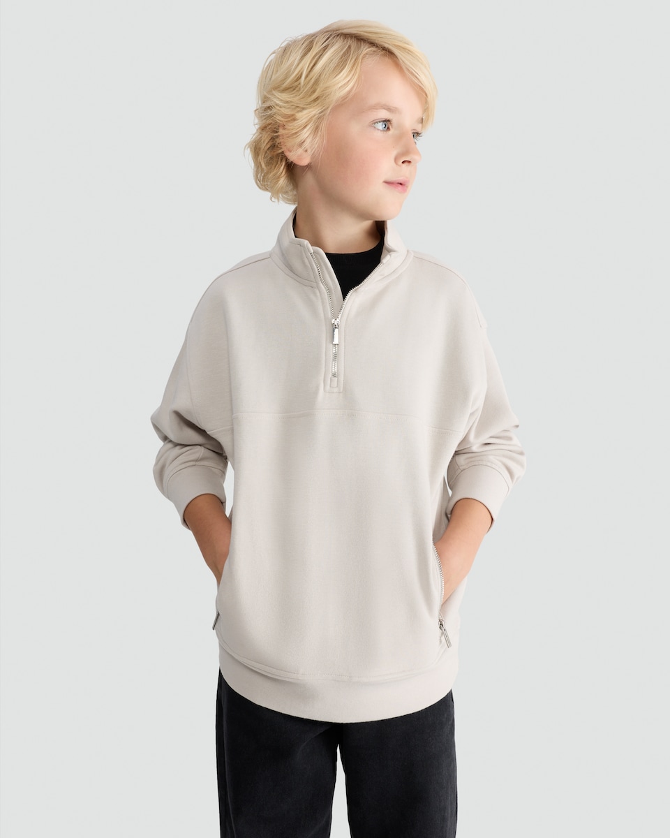 image 1 of F&F Boys Cotton Rich Half Zip Sweatshirt in Med Nude