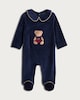 image 1 of F&F Baby Cotton Rich Velour Teddy Bear Sleepsuit in Navy