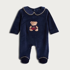 F&F Baby Cotton Rich Velour Teddy Bear Sleepsuit in Navy