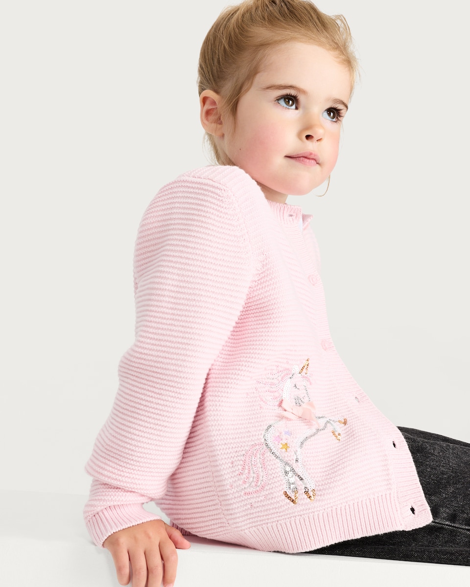 image 1 of F&F Girls Pure Cotton Unicorn Print Cardigan in Pink
