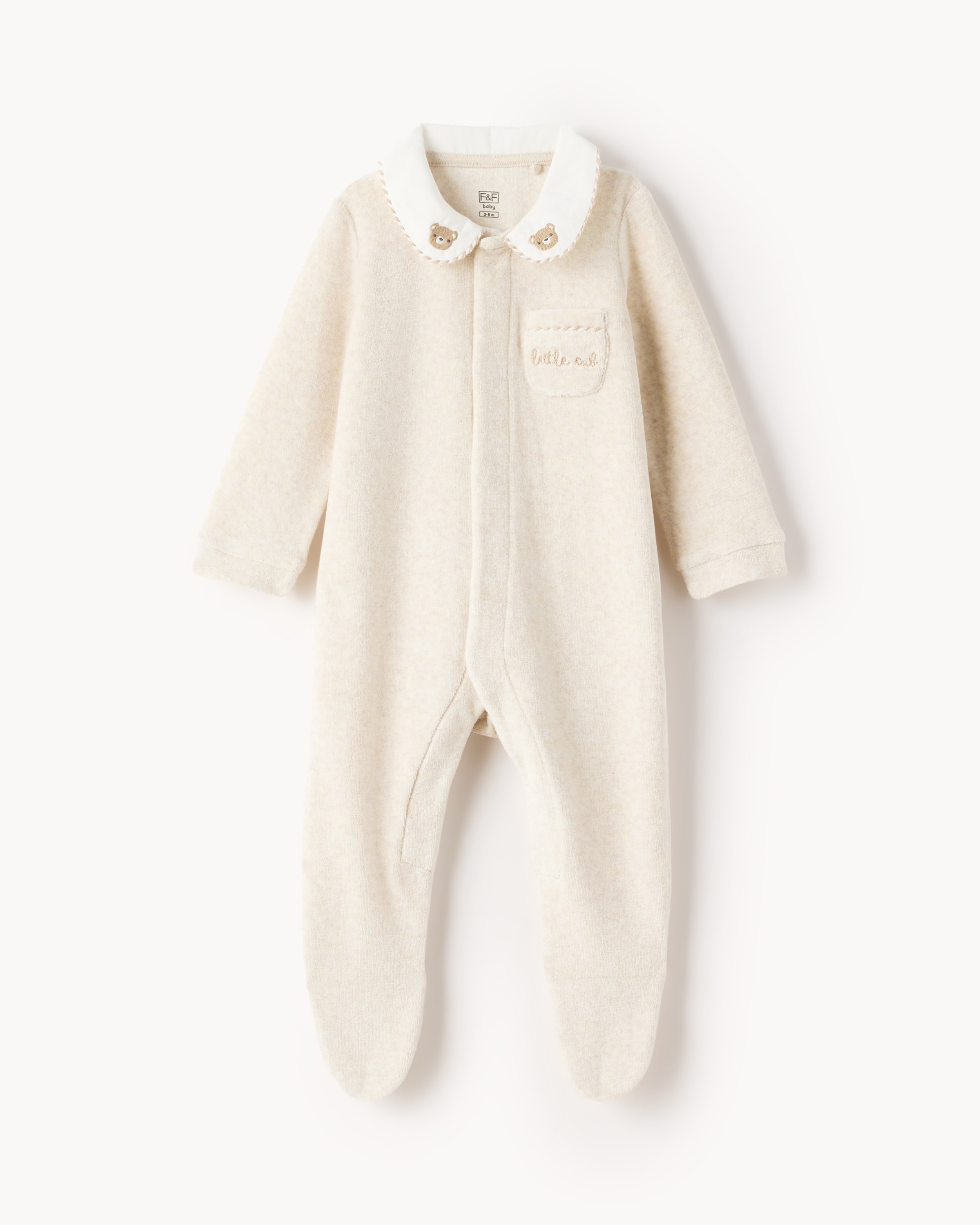 F&F Baby Cotton Rich Teddy Bear Sleepsuit in Neutral, 0-1 Mo