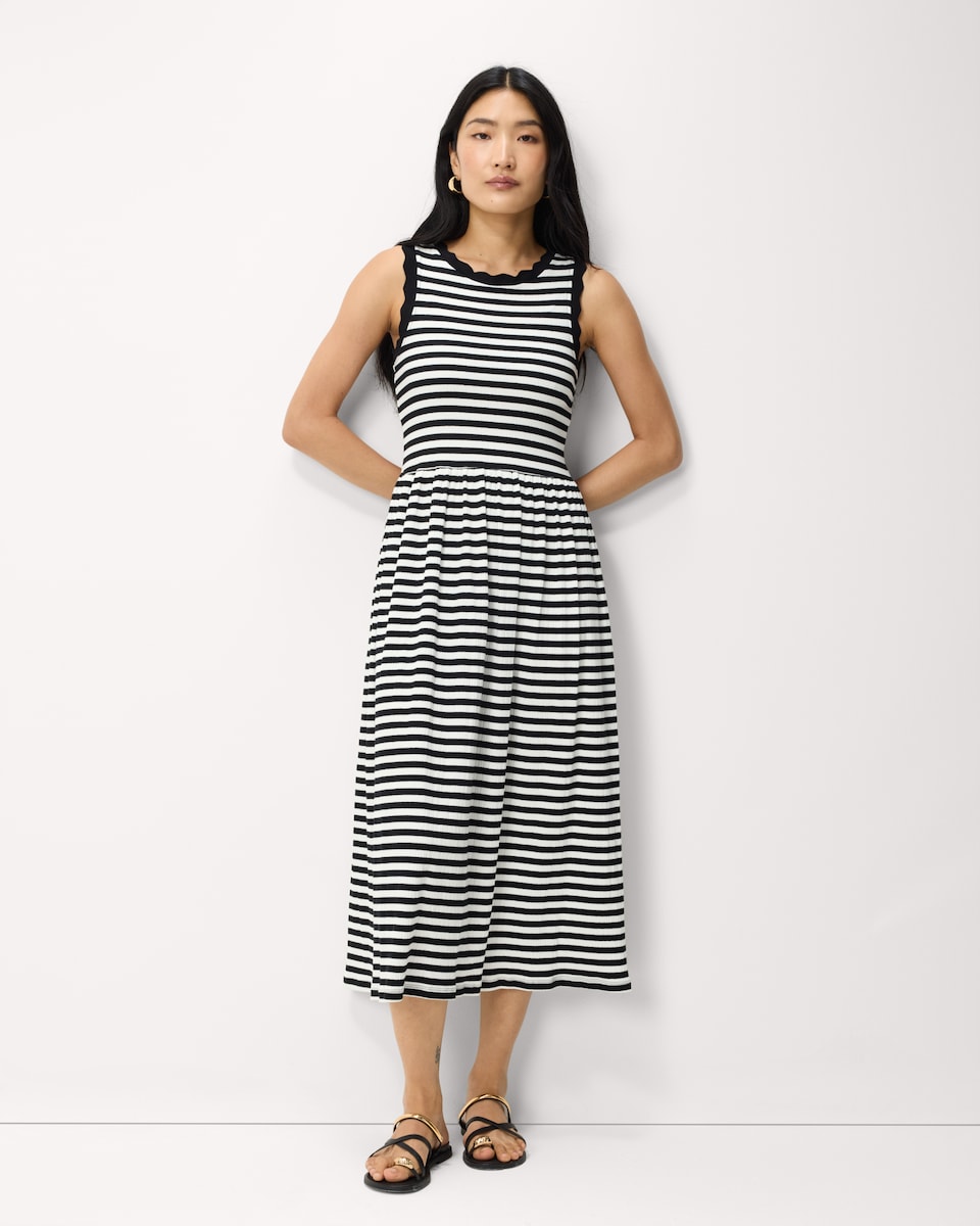 image 1 of F&F Cotton Rich Striped Scallop Edge Sleeveless Dress in Multi Black White