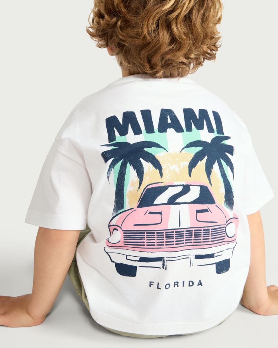image 1 of F&F Boys Pure Cotton Miami Florida Car Print T-Shirt in White