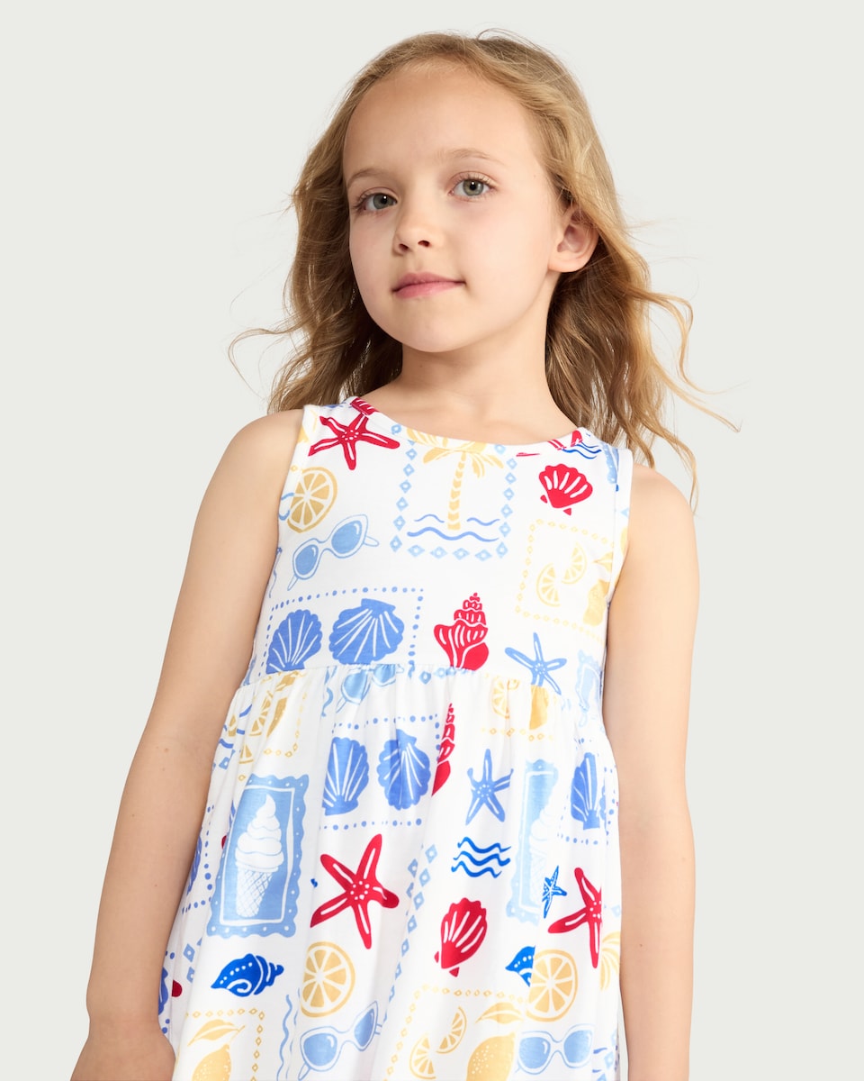 image 1 of F&F Girls Pure Cotton Sea Life Sleeveless Dress in Multi White