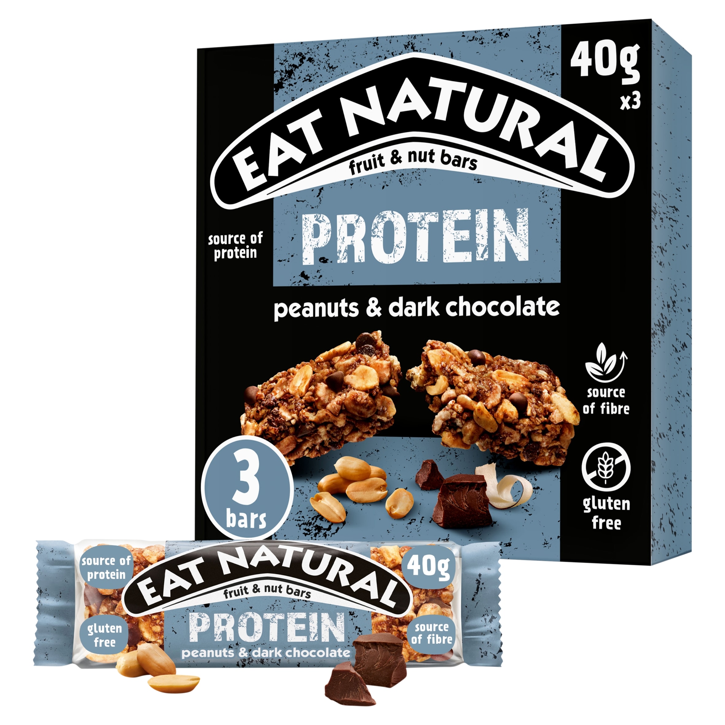 Eat Natural Protein Fruit & Nut Bars - Peanuts & Dark Chocolate 3 x 40g