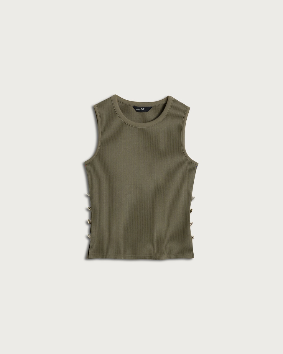 image 1 of F&F Cotton Rich Ribbed Side Button Detail Vest in Khaki