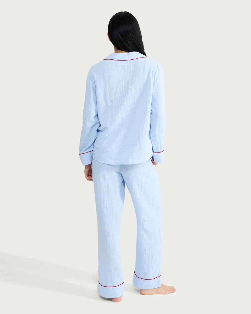 image 1 of F&F Pure Cotton Textured Contrast Trim Pyjama Set in Blue