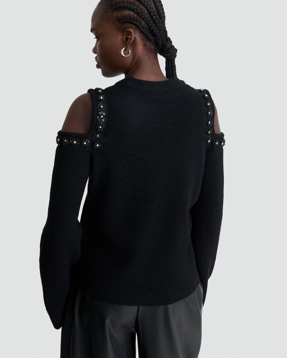 image 1 of F&F Cold Shoulder Sequin Embellished Jumper with Wool in Black