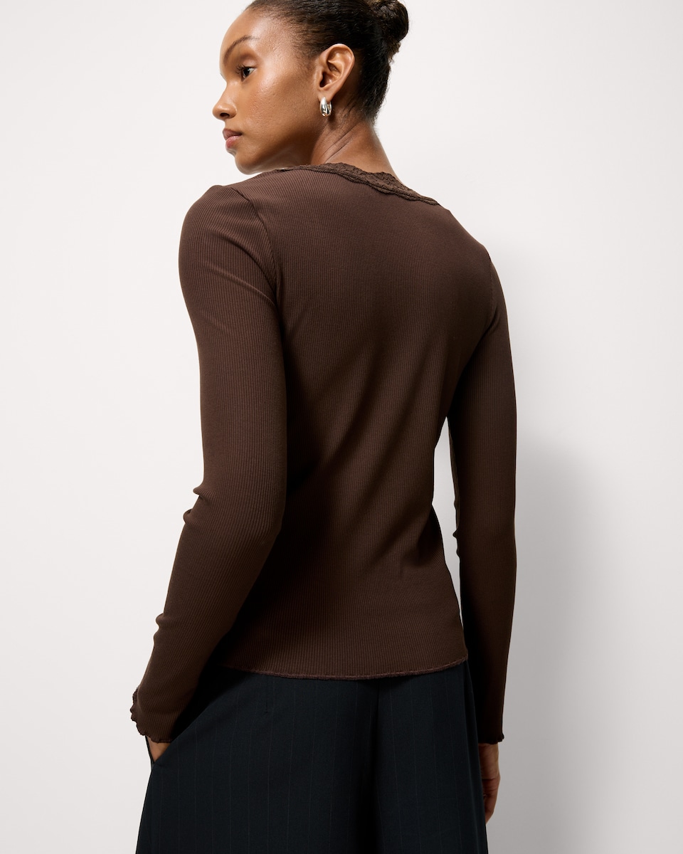 image 1 of F&F Lace Trim Button Up Top in Brown