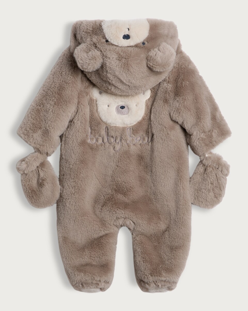 image 1 of F&F Baby Faux Fur Bear Hooded Pram Suit in Brown