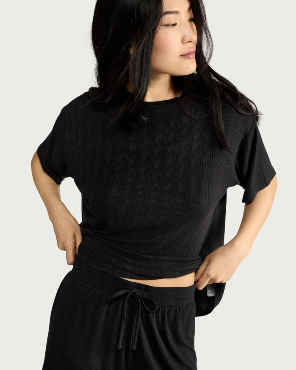 image 1 of F&F Ribbed Short Pyjama Set in Black