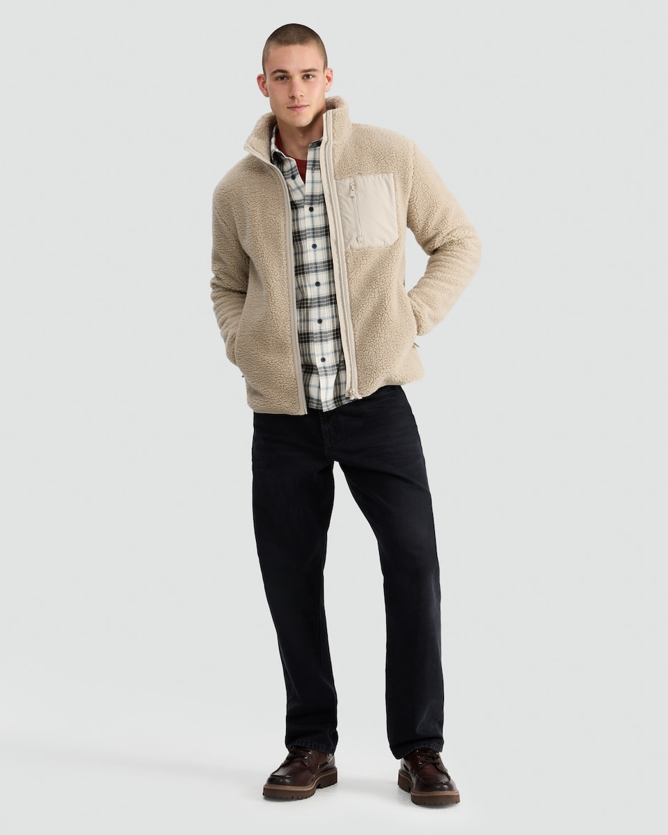 image 1 of F&F Pocket Front Zip Up Fleece Jacket in Cream