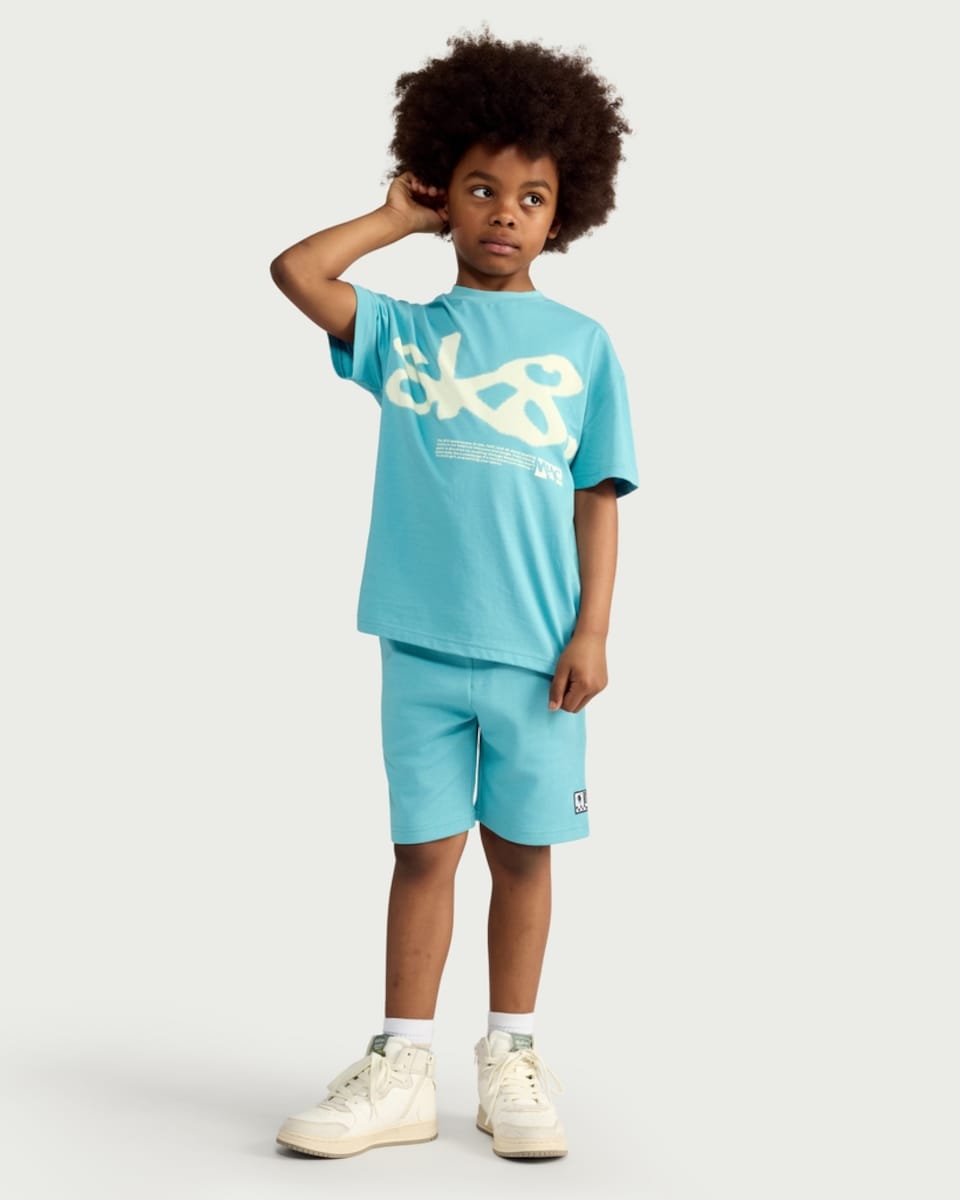 image 1 of F&F Boys 2-Piece Cotton Rich Graffiti Oversized Fit T-Shirt and Shorts Set in Teal