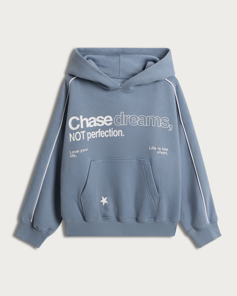 image 1 of F&F Girls Cotton Rich Chase Dreams Oversized Hoodie in Blue